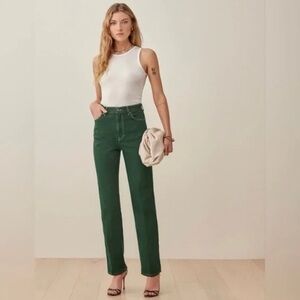 Reformation Cowboy High Rise Waisted Straight Leg Emerald Green Jeans